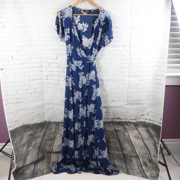 LULU'S BLUE FLORAL SPLIT SLEEVE WRAP MAXI DRESS SIZE MEDIUM - Picture 4 of 11